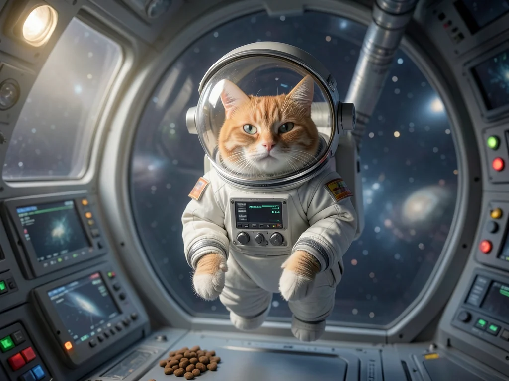 inside a tiny astronaut suit floating in a space station, zero gravity kibble ne