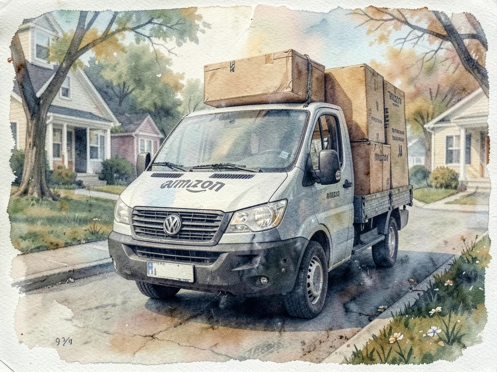 Amazon delivery van parked on suburban street, brown cardboard boxes visible, vi