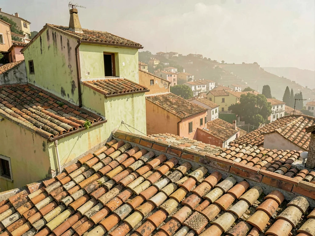 Compressed rooftop perspective with hundreds of overlapping tiles, bleached-ochr