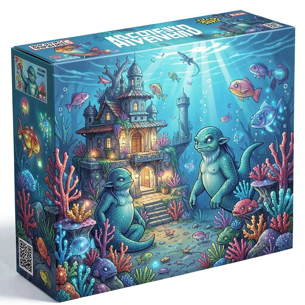 Board game box illustration, underwater civilization with merfolk, coral archite