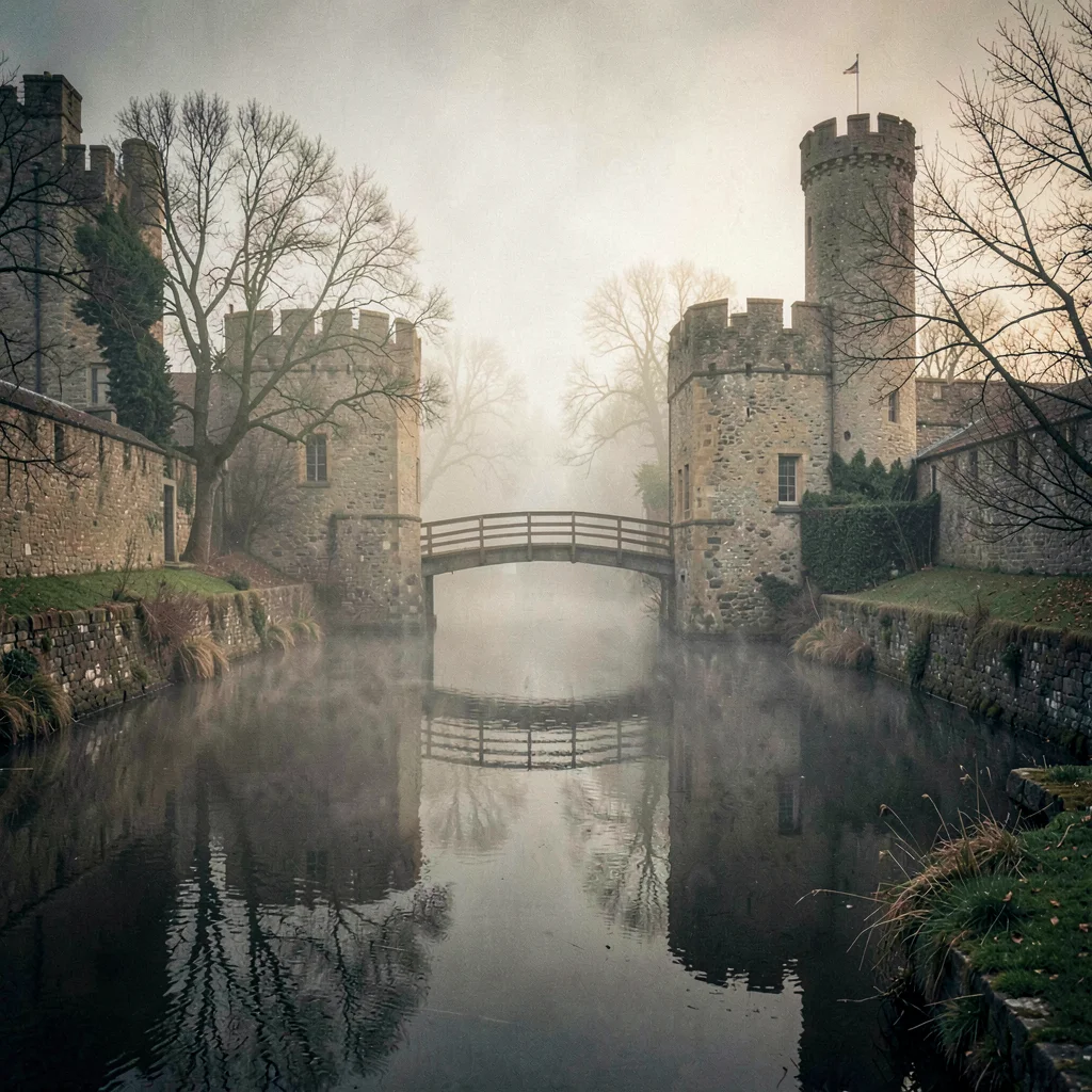 Moody view of a castle moat with low fog drifting and a wooden bridge