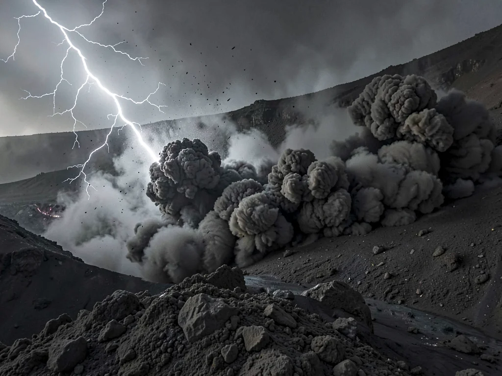 Lightning within ash cloud illuminating