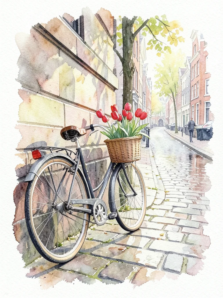 A bicycle against a wall in Amsterdam, red tulips in the basket, the canal stree