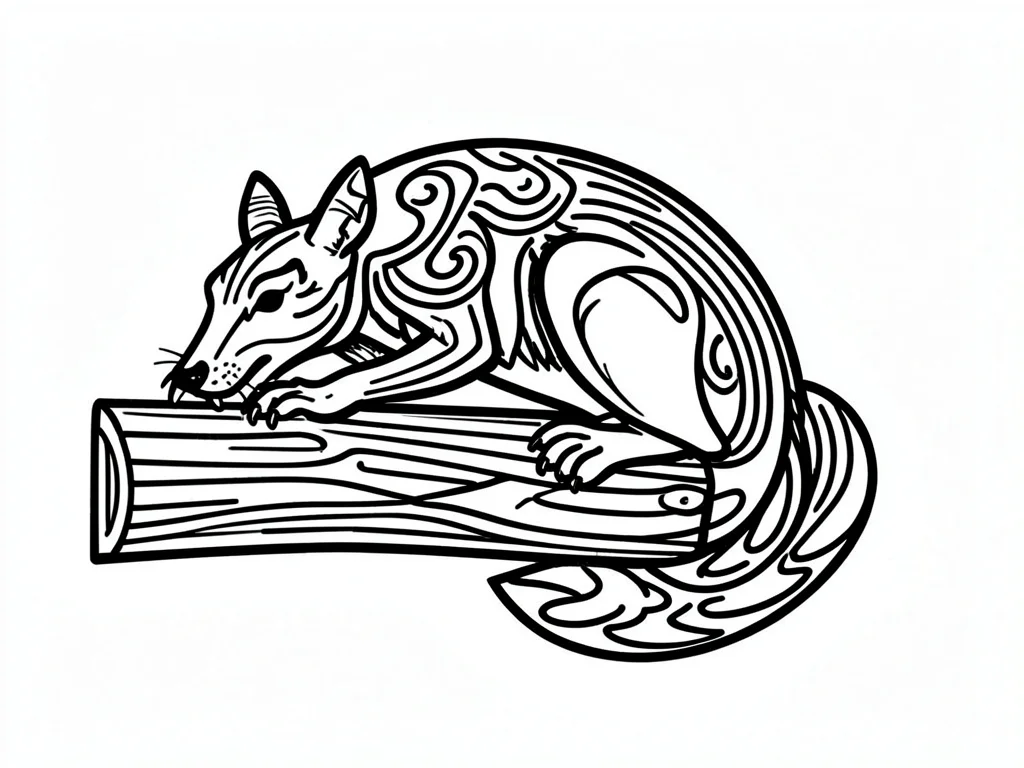 Beaver gnawing a log — incisors as interlocking forms, flat tail below