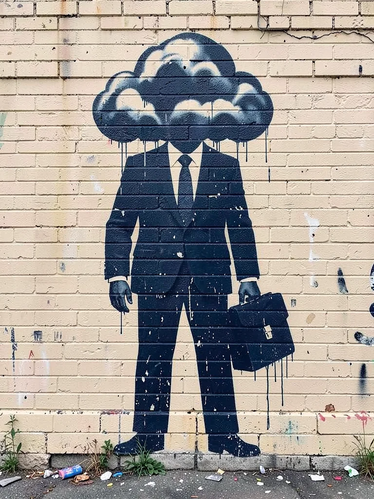 Suited figure with briefcase, head replaced by a cloud, stencilled in dark blue 