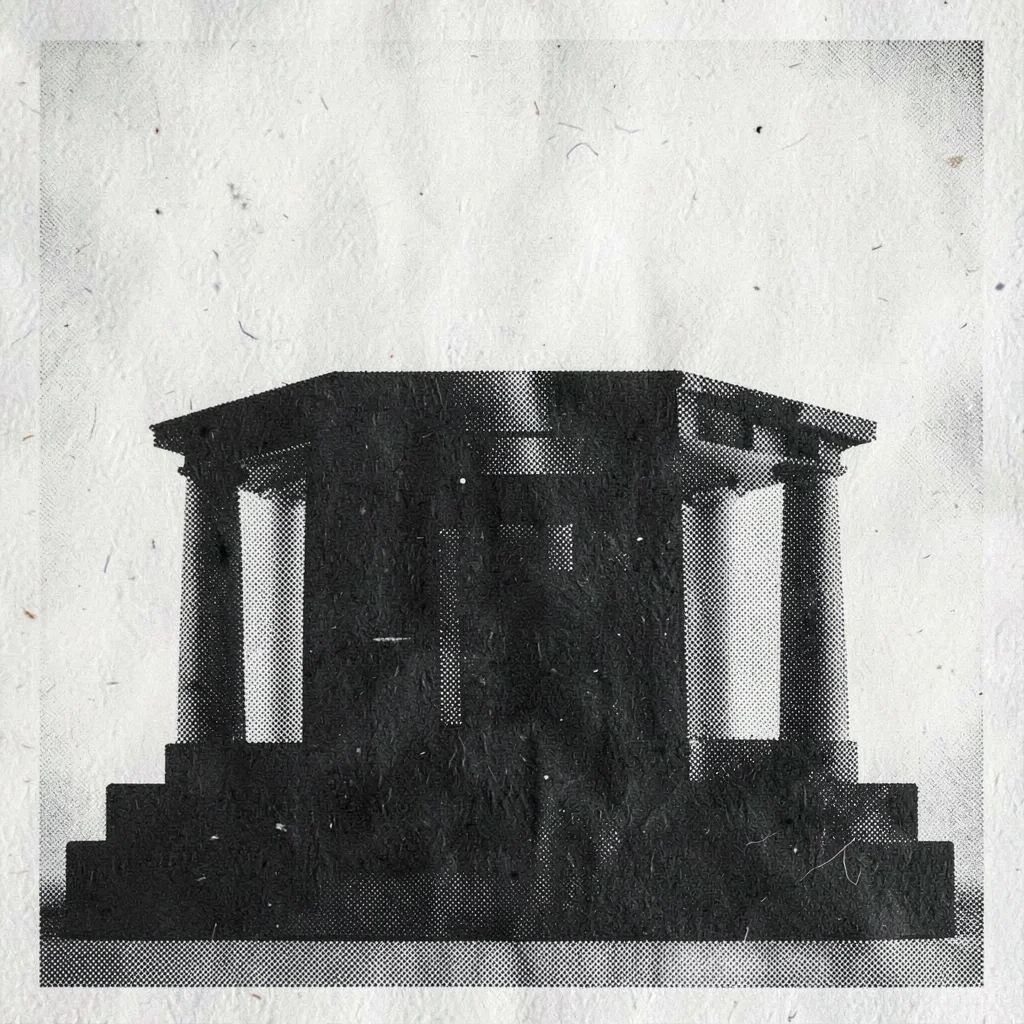 Riso event-poster of a rostrum silhouette with halftone overlap