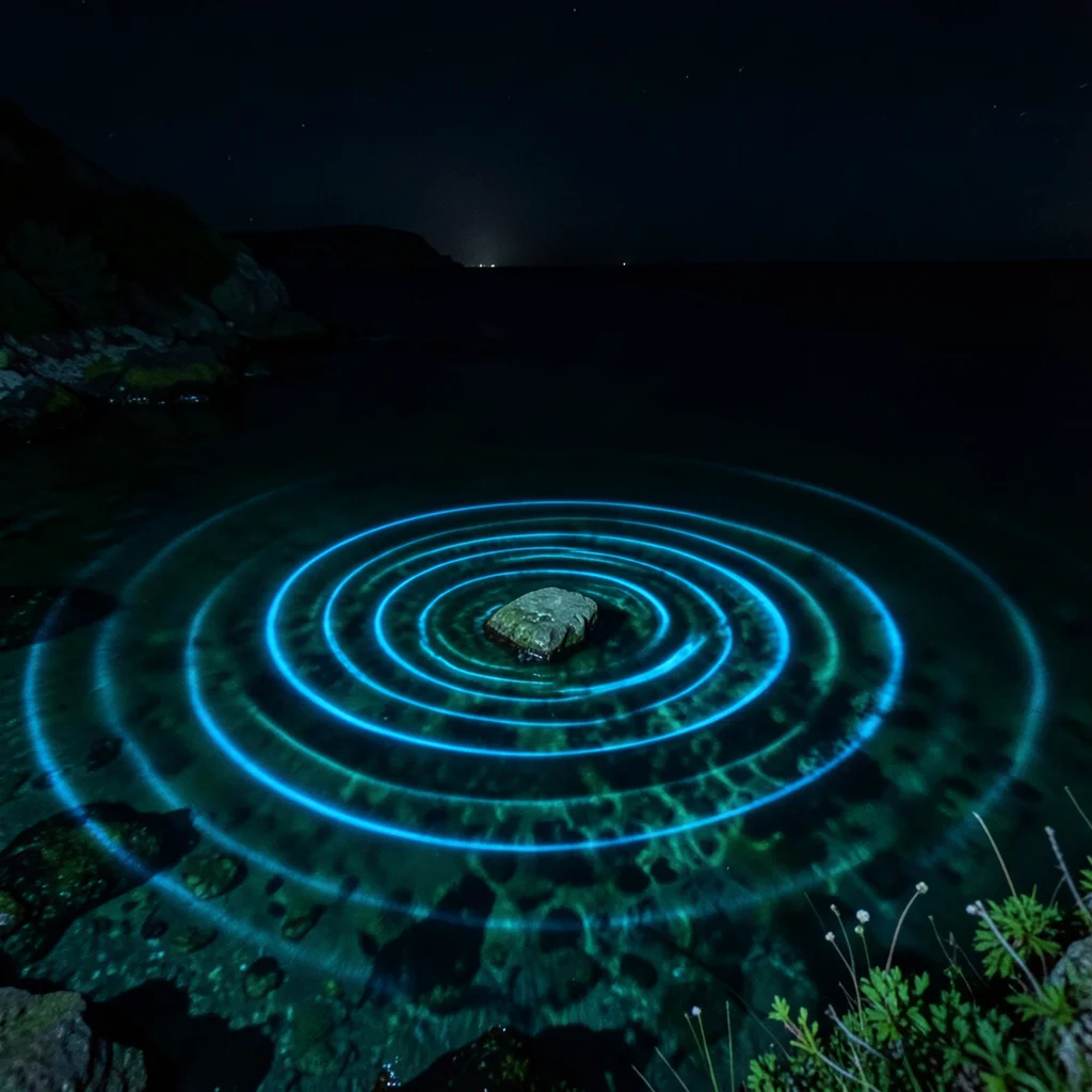 Surface disturbance in dark bay — a single thrown stone creating concentric blue