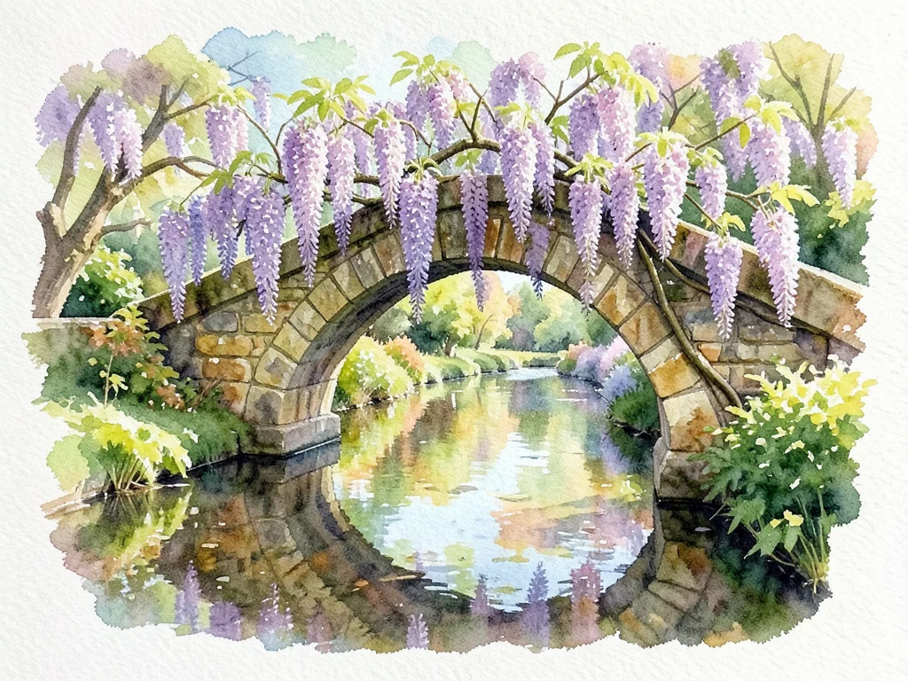 A stone bridge over a stream in an English garden, wisteria hanging from the arc