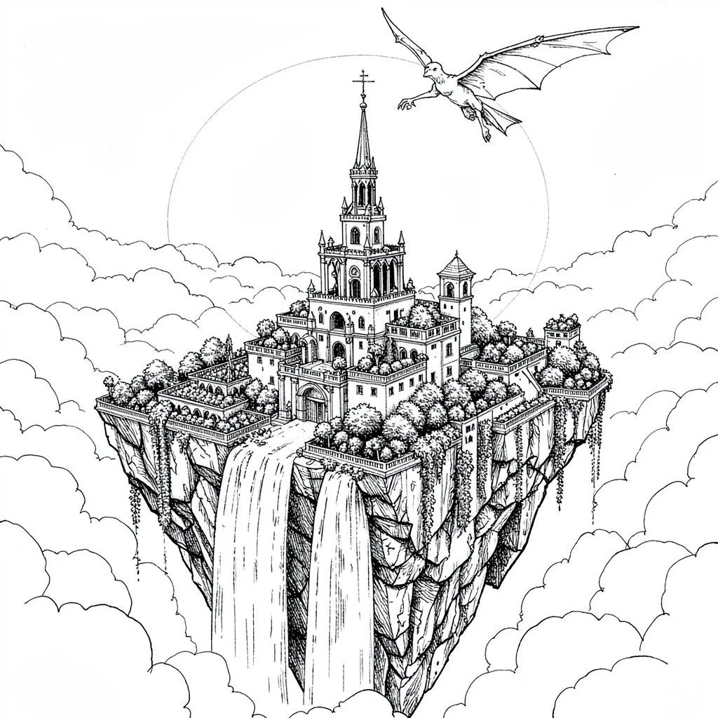A fictional flying-castle floating-island map with a central spire, terraced gar