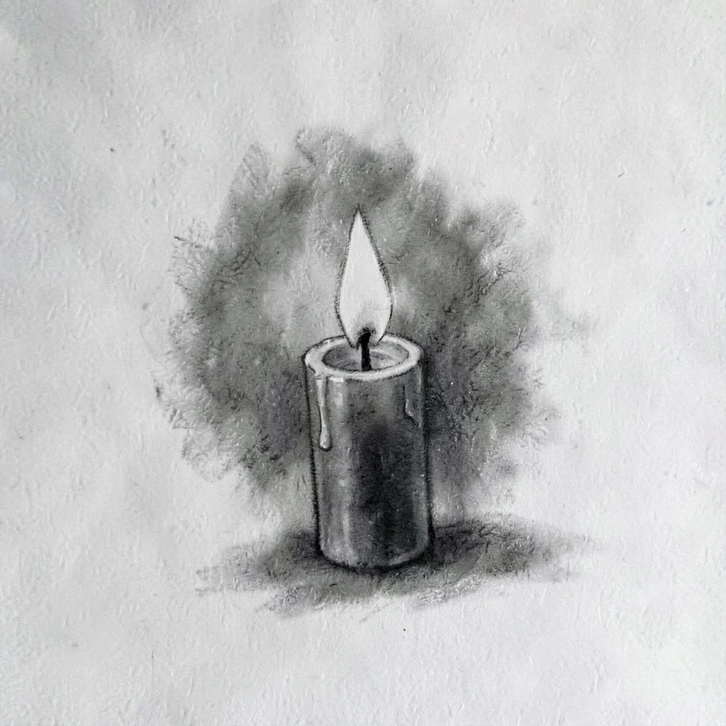 Charcoal of a candle flame leaning slightly in still air, soft halo of graphite 