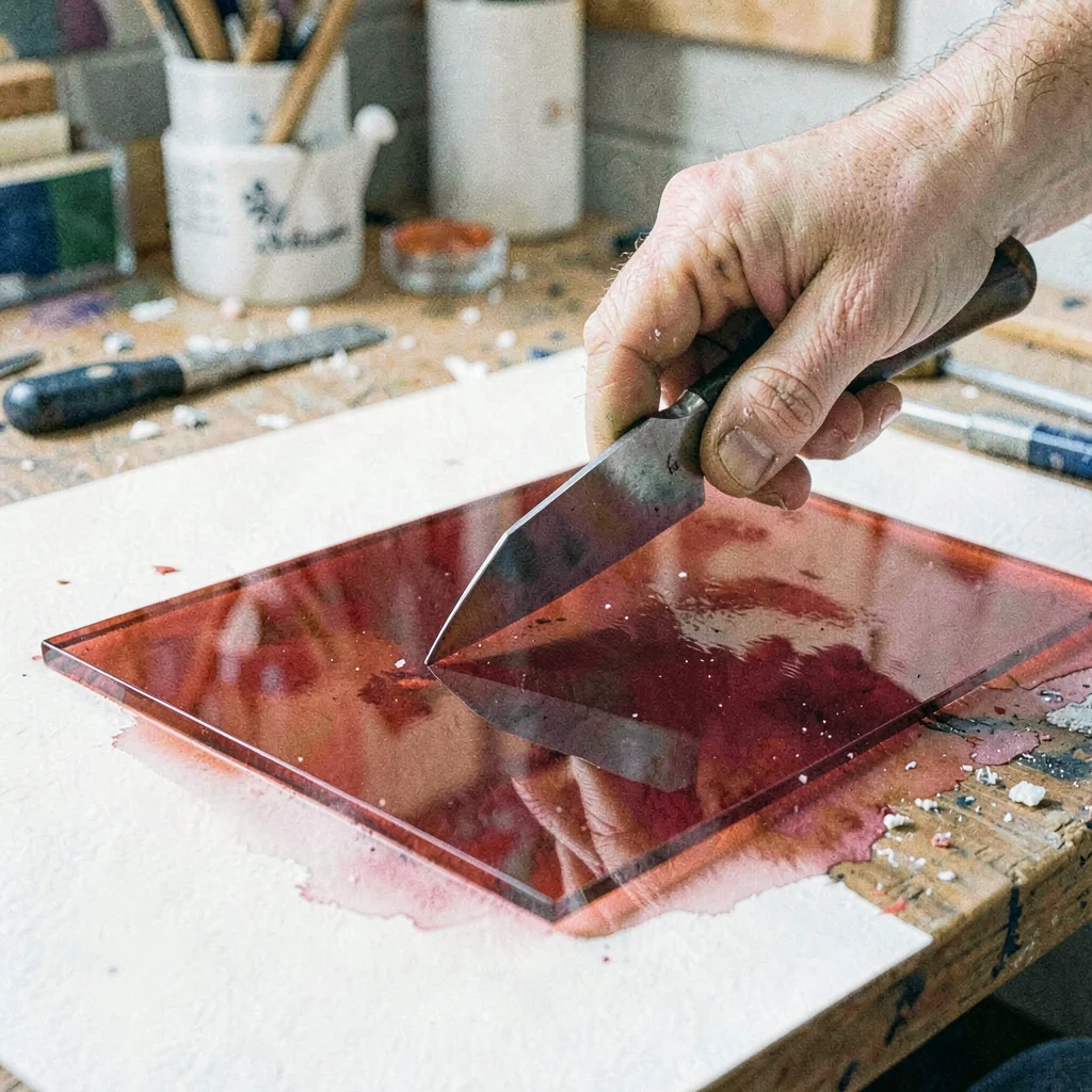 Documentary photo of a hand scoring a sheet of red glass with a steel cutter on 