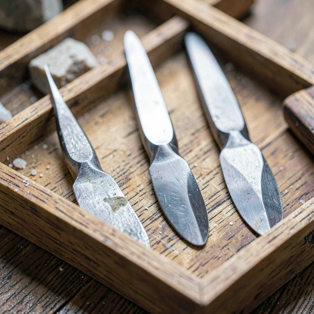 Mineral macro of three carving gouges in a wooden tray, blades catching light