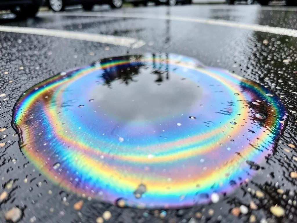Oil puddle in rain-wet parking lot, swirling psychedelic rainbow interference pa