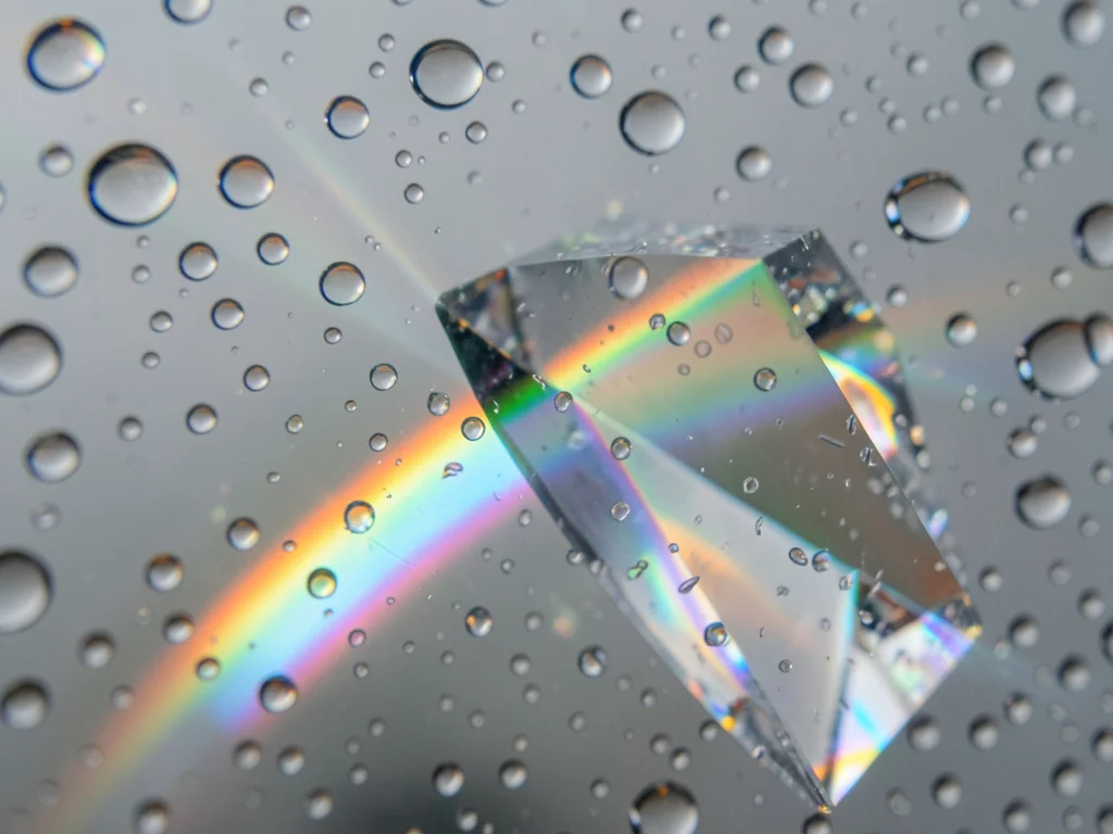 Spectral light passing through raindrops on a window, each drop acting as micro-