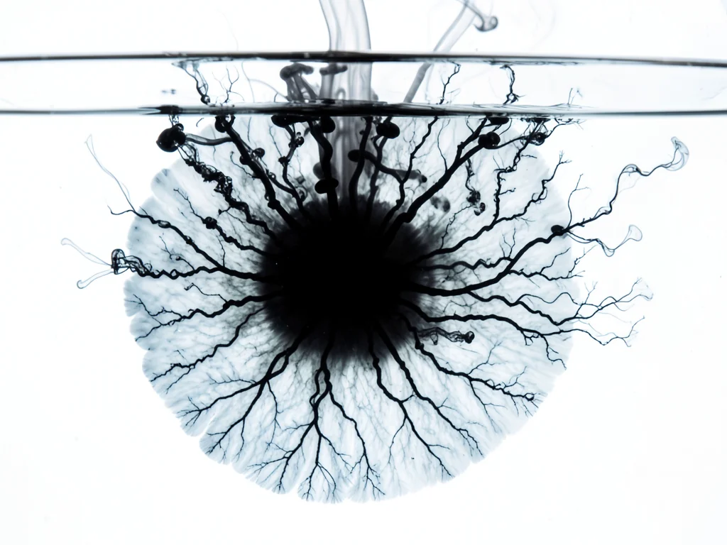 Dense black ink dropped into saltwater, halocline boundary creating pancake-shap