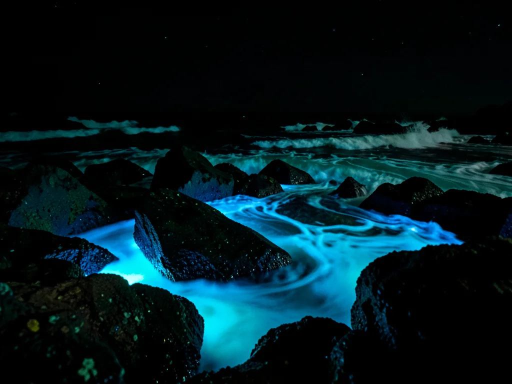 Night tide pool — dark rocks with blue-glowing water between them after wave sur