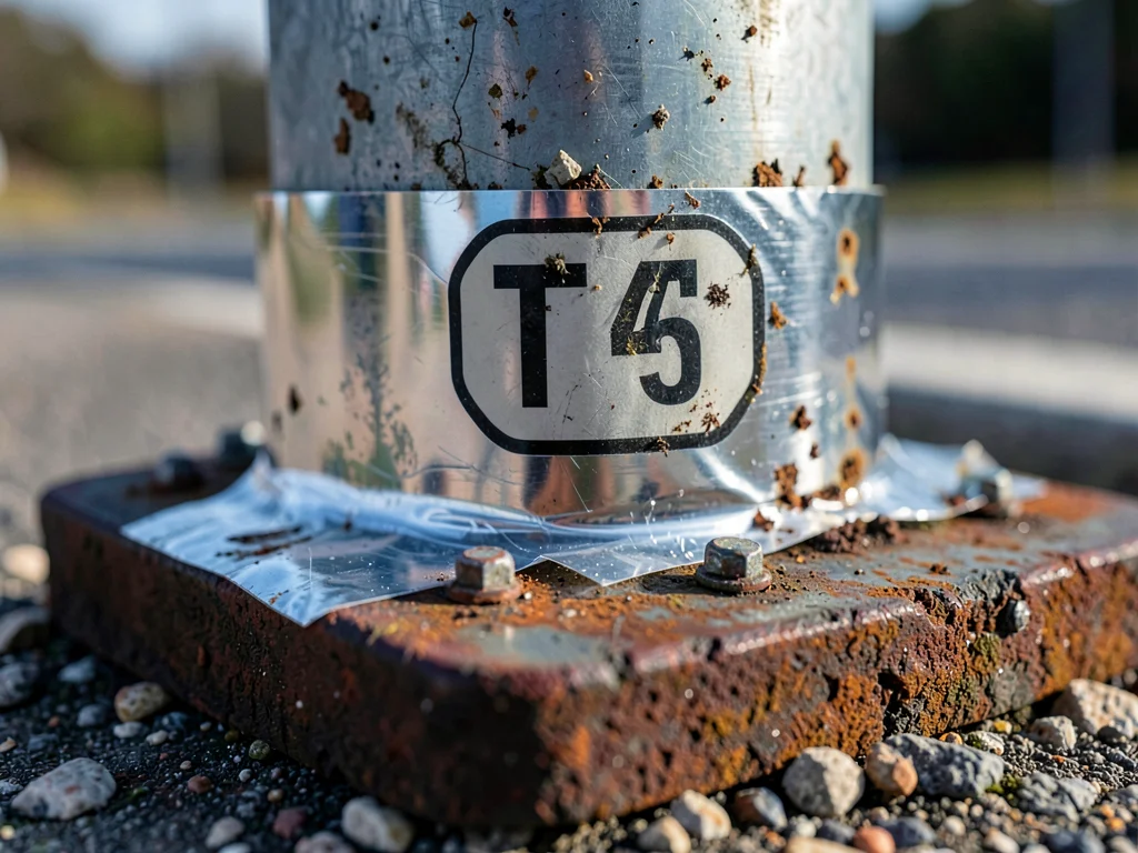 Highway mile marker post base, reflective sheeting meeting metal