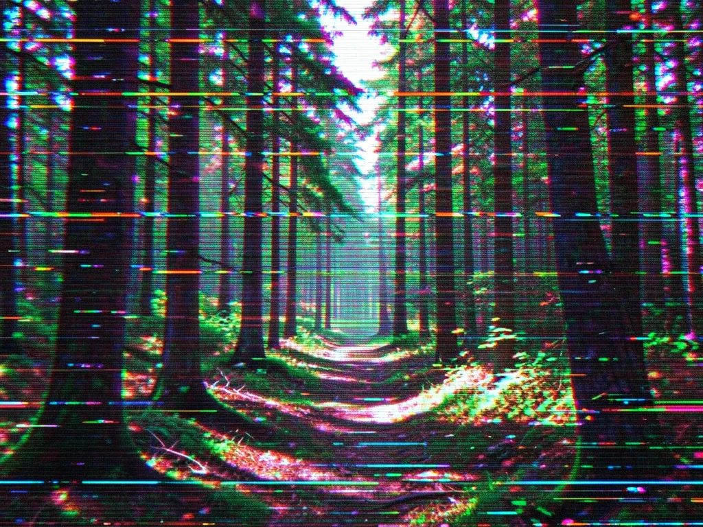 Forest photograph with horizontal scan-line displacement, each line slightly off