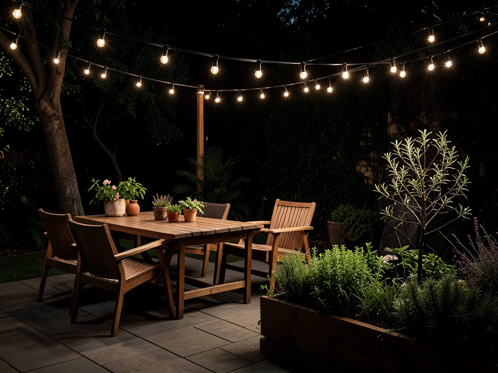 Outdoor patio with string lights, wooden furniture, and a small herb garden