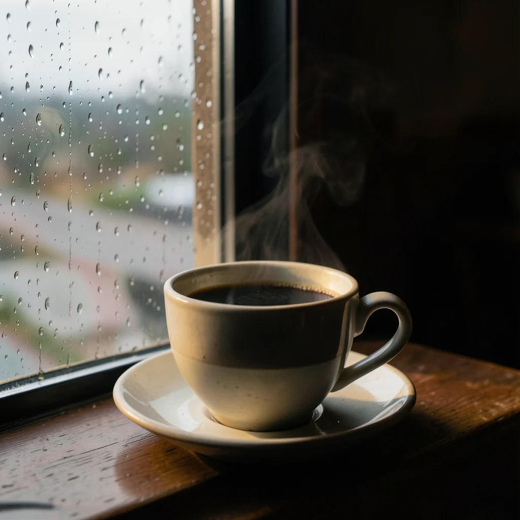 A ceramic cup of black coffee on a rainy windowsill, rain streaks on the glass, 