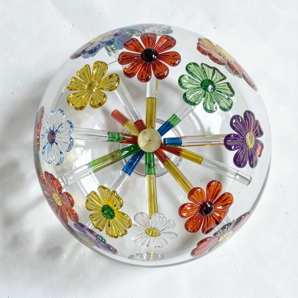 Overhead millefiori paperweight — mushroom dome form, flowers suspended in clear