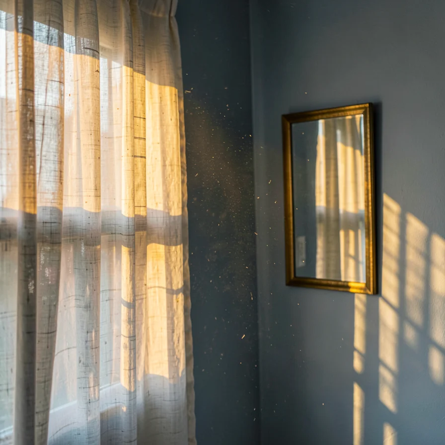 Brass mirror reflecting morning amber shaft