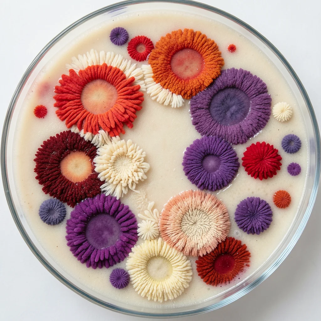 Mixed culture petri dish, competing colonies creating organic territorial bounda