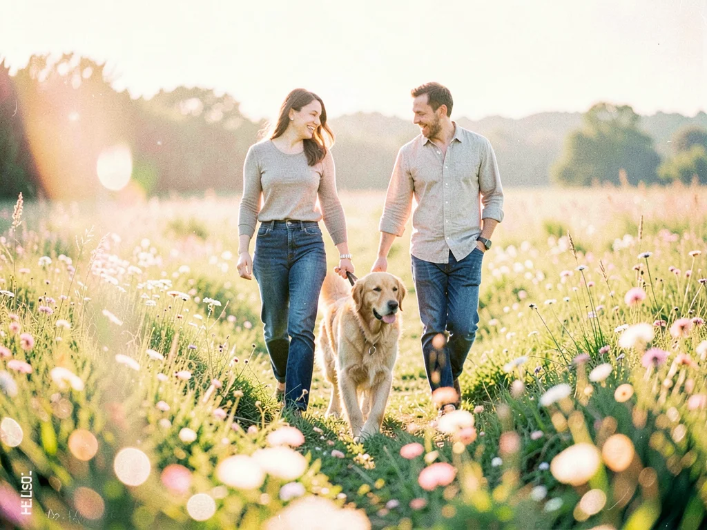Two friends walking a golden retriever through a meadow