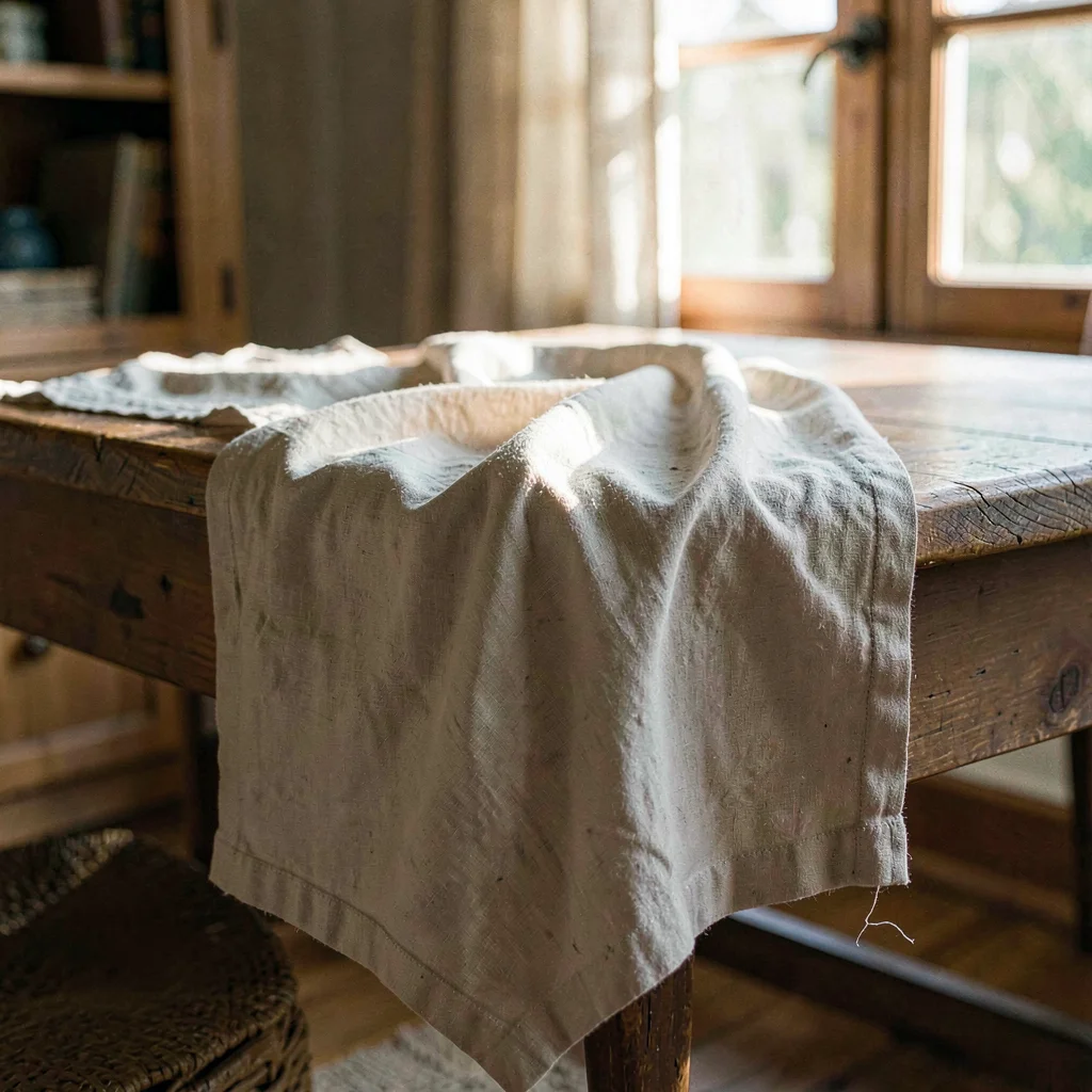 Cozy hero of a pure linen tablecloth draped over the corner of a country table, 