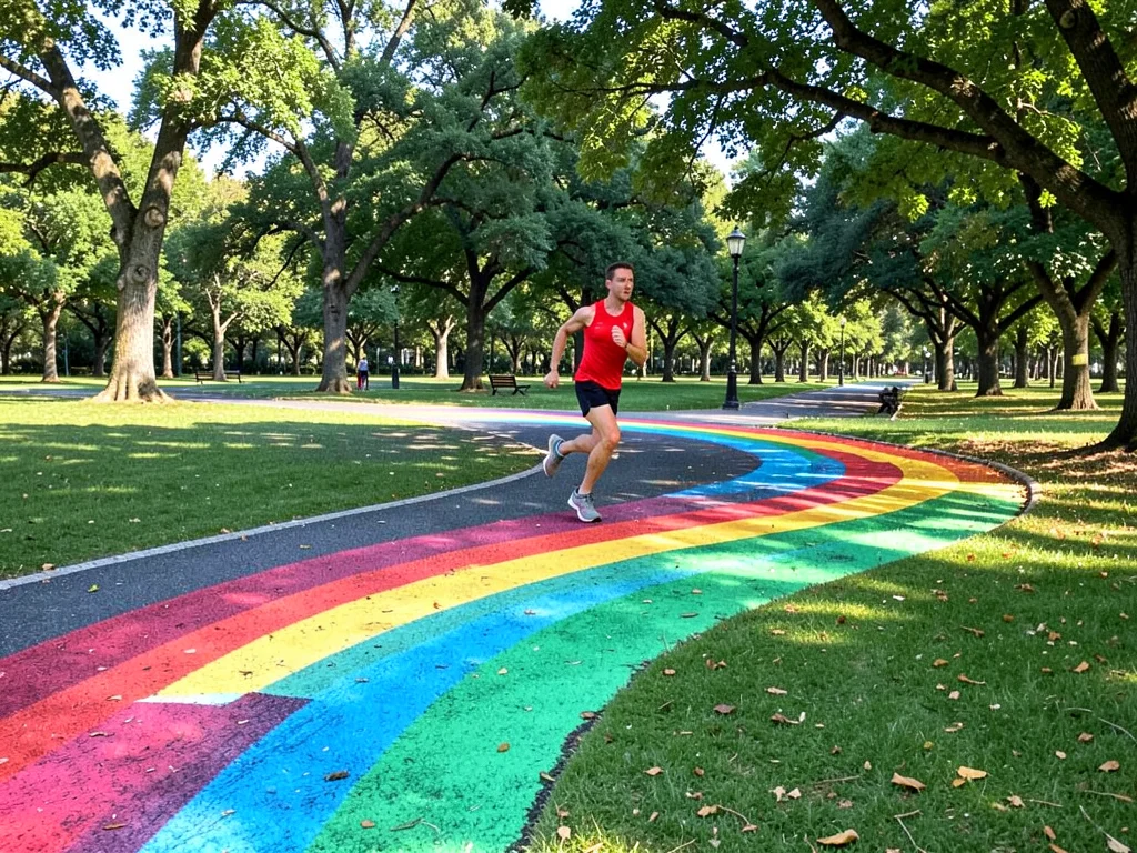 Park jogger but their motion trail is a painted rainbow streak
