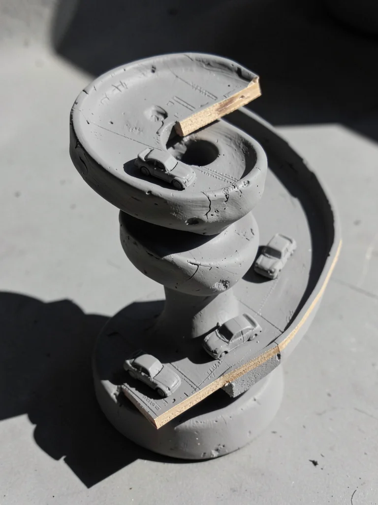 Spiral parking ramp twisting up like a thumb-coiled clay snake, each spiraling d