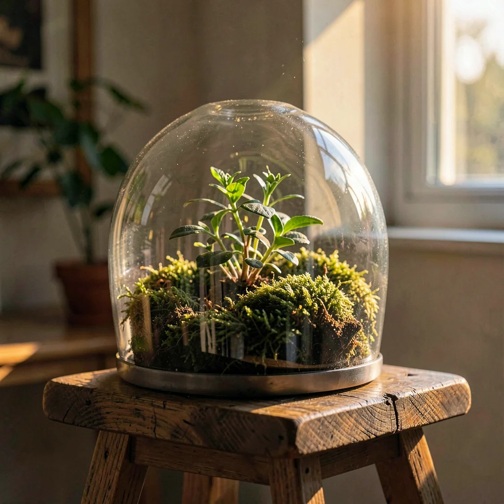 Quiet atmospheric ig-teaser of a single glass dome terrarium on a wooden stool, 