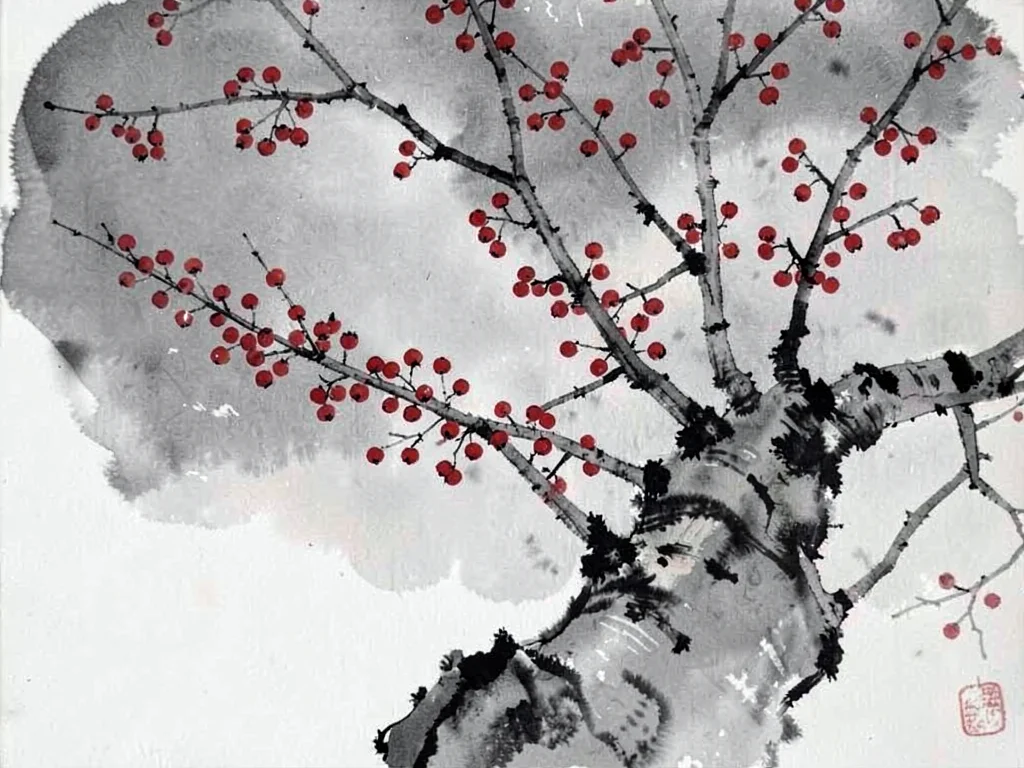 Mountain ash berries as red dots on gray