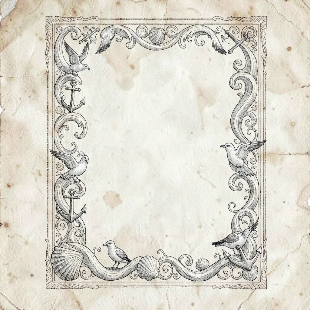 Ornamental character-sheet border of curling waves, anchors, gulls, and seashell