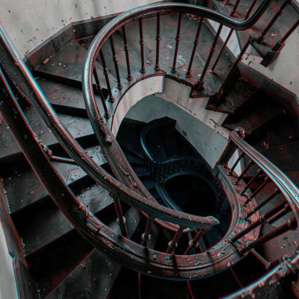 Anaglyphic stereo 3D photograph, Victorian spiral staircase shot from below, iro