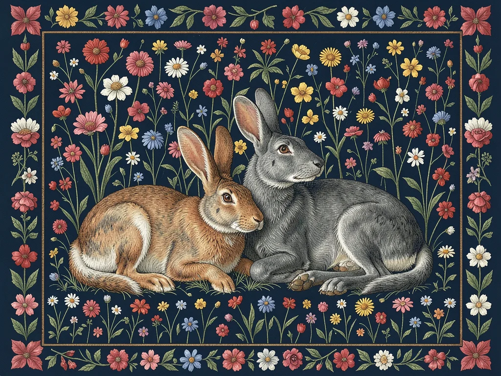 Rabbit and Greyhound on Dark Blue Millefleur