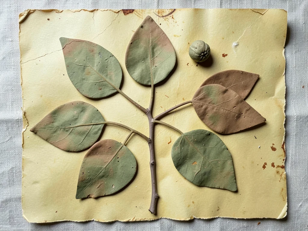 Eucalyptus branch with eight oval leaves and two seed pods flattened across a sh