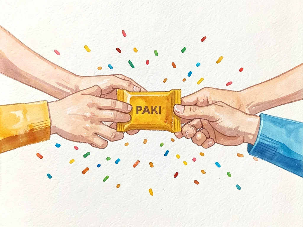 Several flat-painted hands pass a small mustard package in a relay across the pa