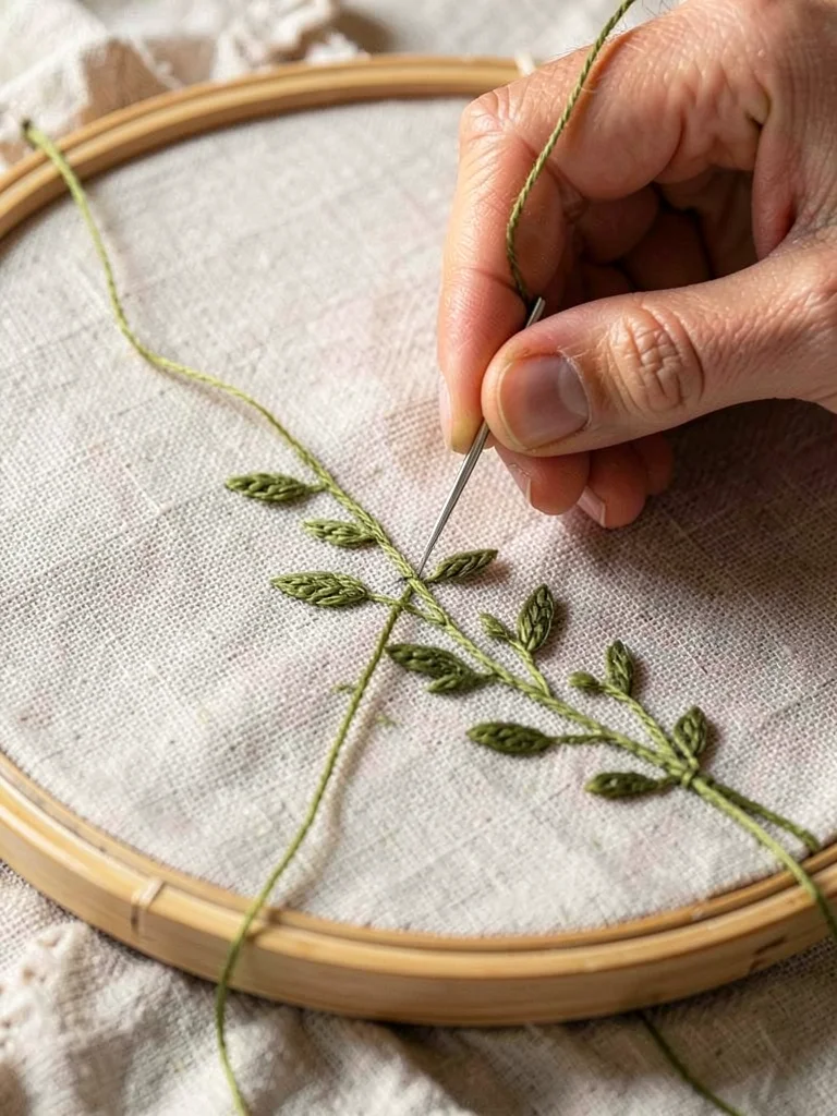 Hand Guiding Needle Through Botanical Vine Design