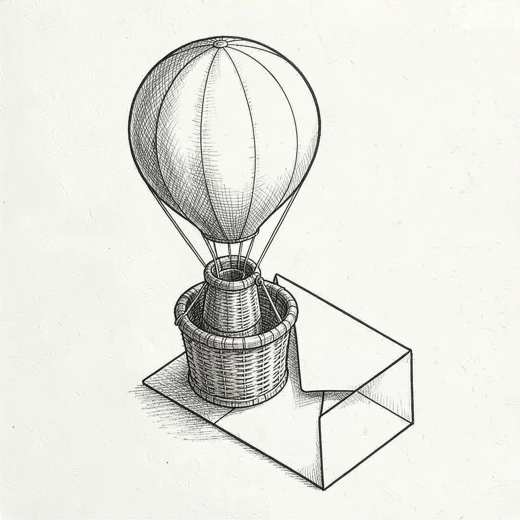 isometric drawing of a balloon basket and envelope, clean lines