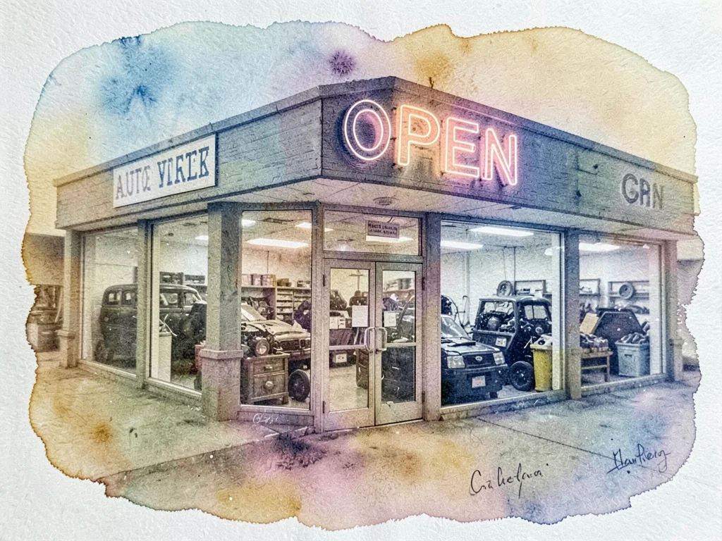 Auto parts store exterior, neon OPEN sign flickering, hand-tinted gum print with