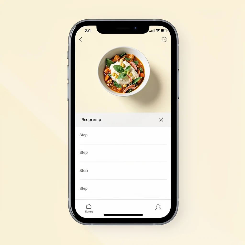 Flat UI mockup of a recipe app detail screen on a phone, abstract dish hero bloc