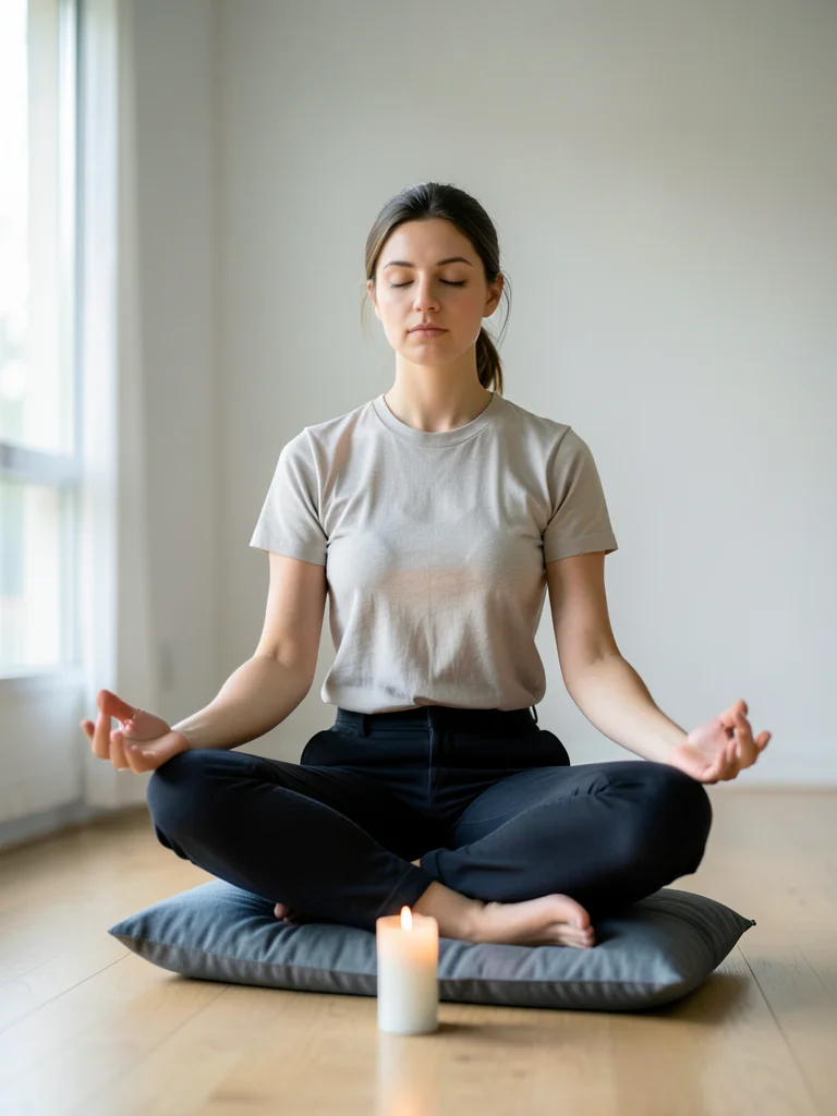 Person meditating cross-legged on a cushion in a minimalist room, single candle,