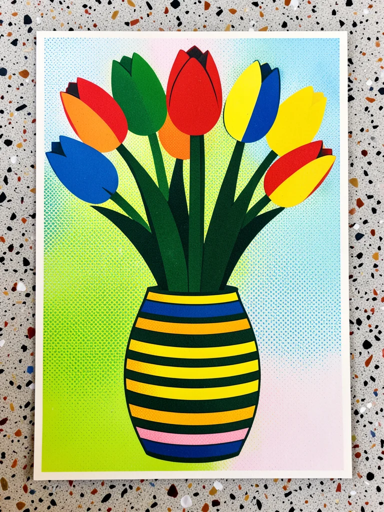 A vase of tulips — six tulips each in a different solid color, stems in dark gre
