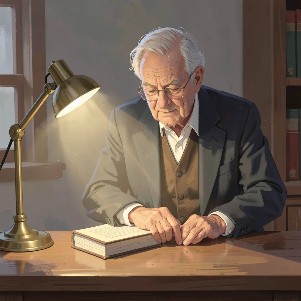 Lamplit portrait of an emeritus professor leaning over a stack of journals, bras