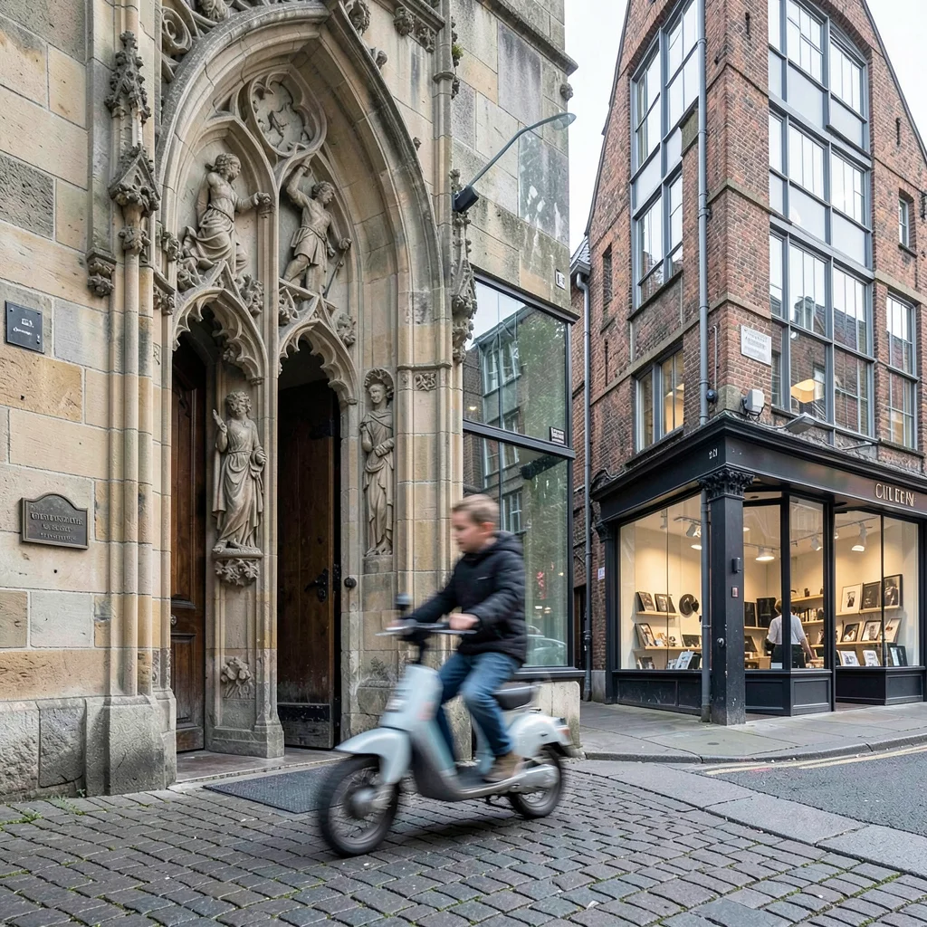 Medieval-modern temporal collision, Ghent layers, Child on scooter passing carve