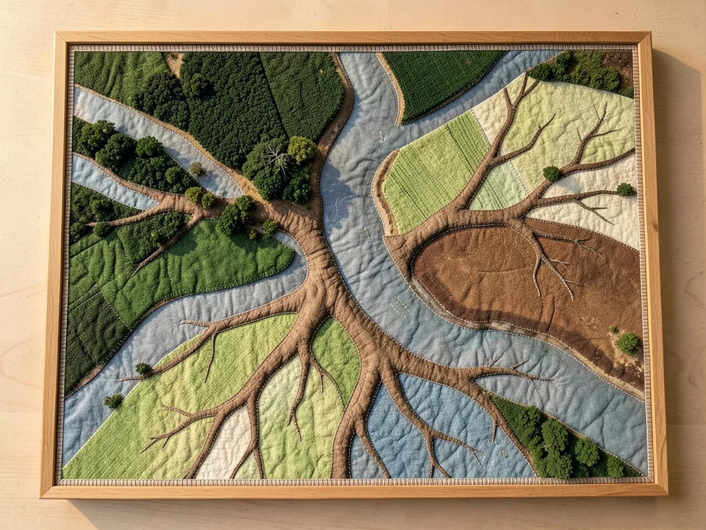 A river delta from above rendered as patchwork quilt, the main river channel spl