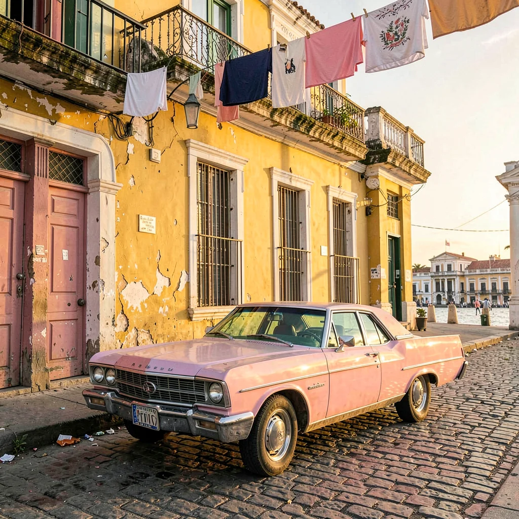 Faded pastel decay of Havana, Cuba, Pink Cadillac parked on cobblestones, mustar