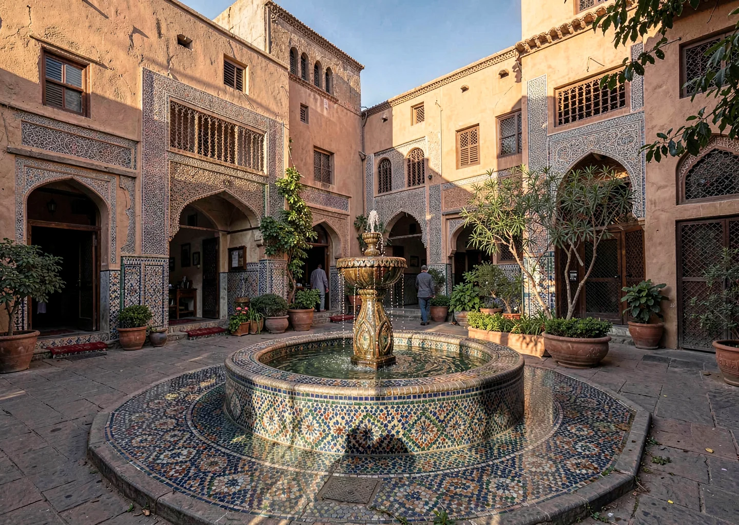 Geometric shadow play in Marrakech medina, zellige mosaic fountain in courtyard 