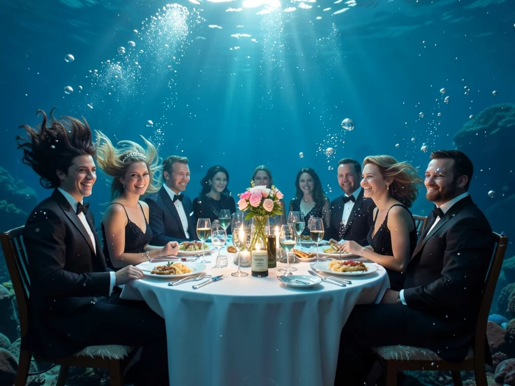 Dinner party happening underwater, guests in formal wear, hair floating, bubbles